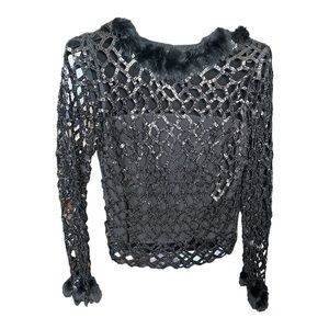 Sagaie Sequin Cut Out Rabbit Fur Trim Black Top (XS/S)